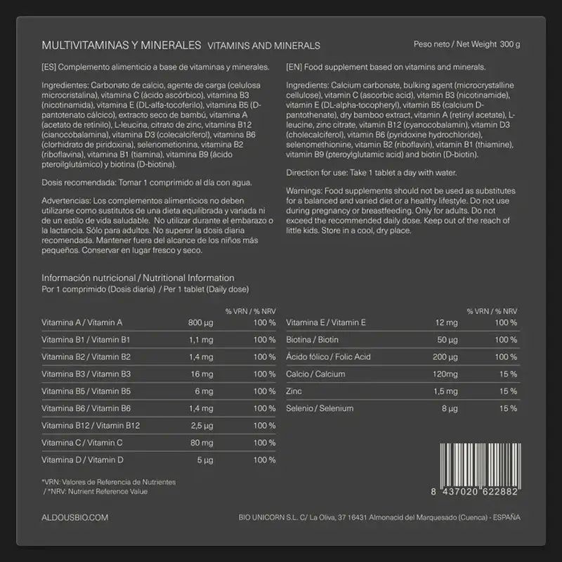 Aldous Bio Multivitamins Vitamin C, D, E, A, B Vitamins, Biotin, Folic Acid, Calcium, Zinc, Selenium , 500 tablets
