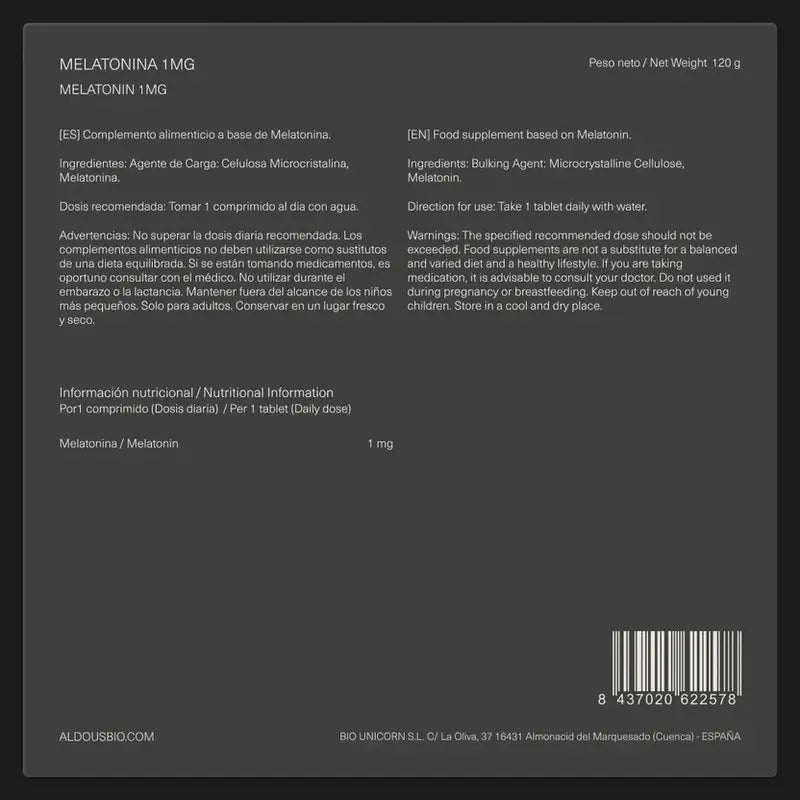 Aldous Labs Food Supplement Pure Melatonin 1 Mg , 500 tablets