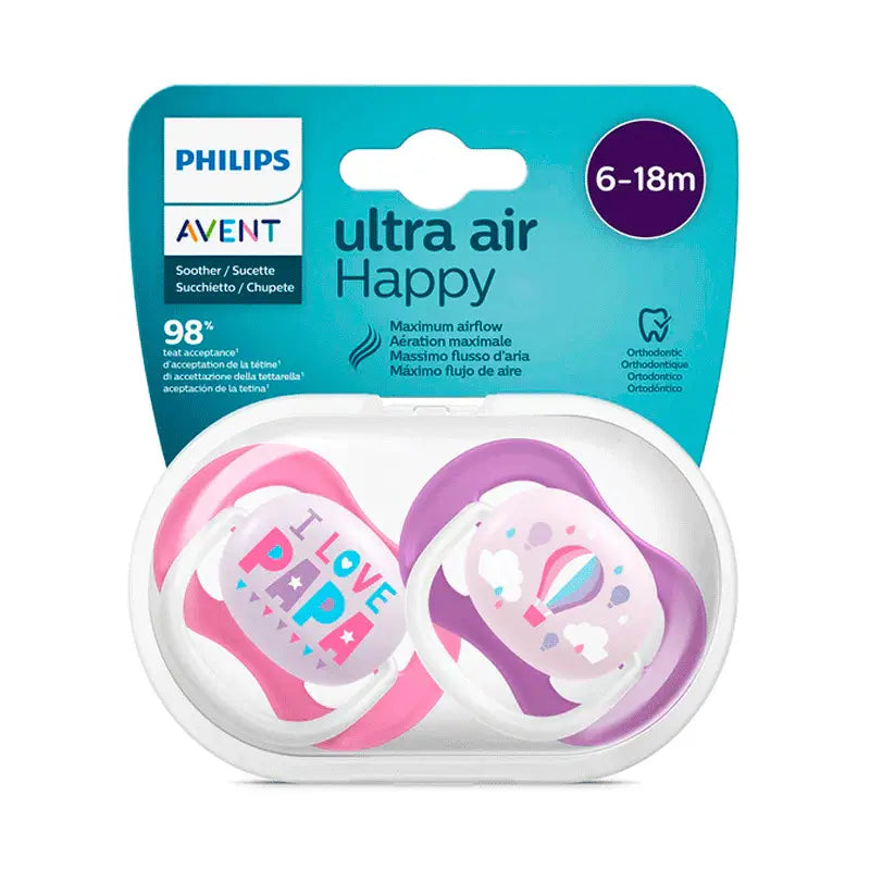 Avent 2 Pacifiers Ultra Air Collection Happy 6-18 Months Silicone Baby Girl