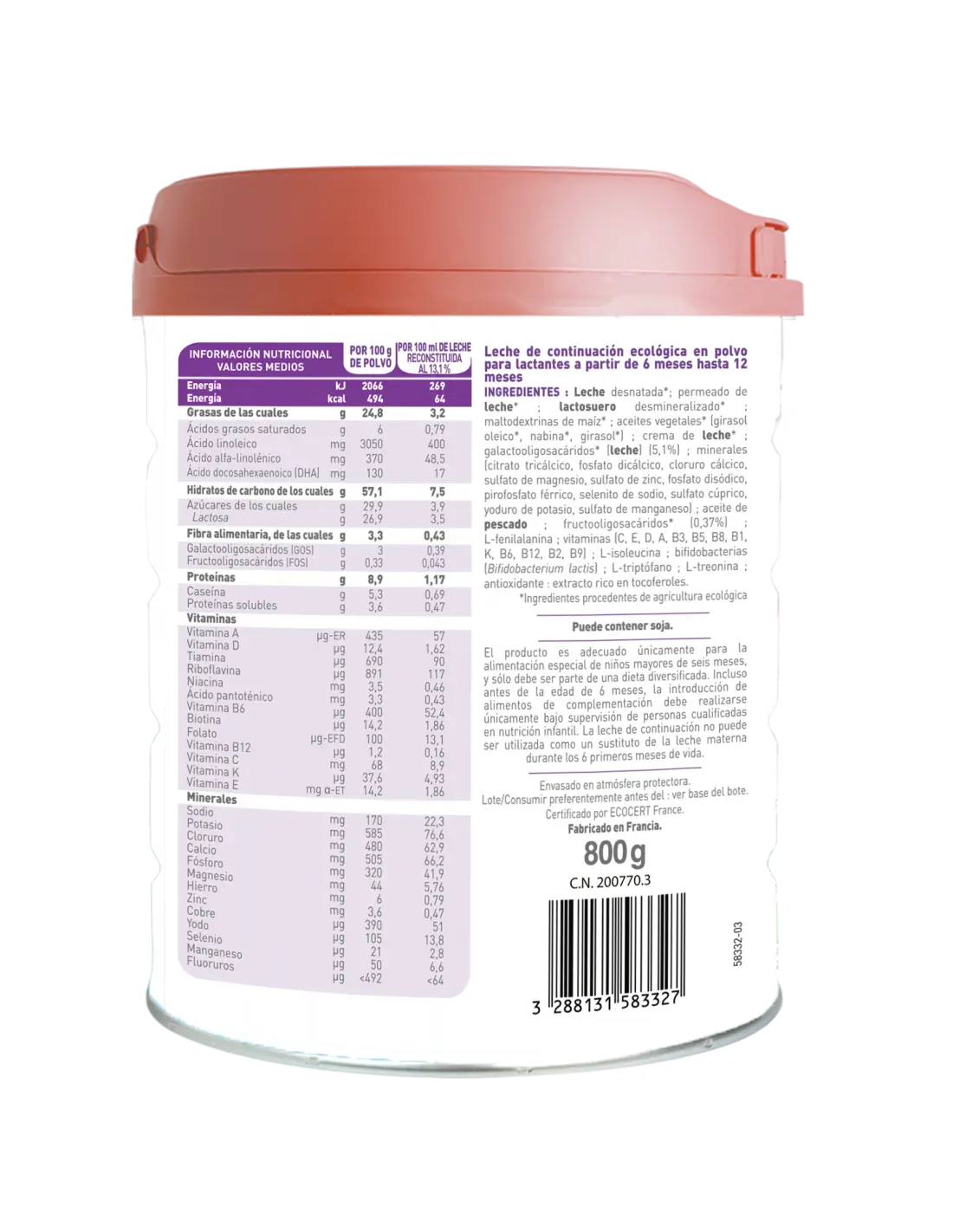 Babybio Optima 2 Cow's Milk 0-6 Months, 800 g