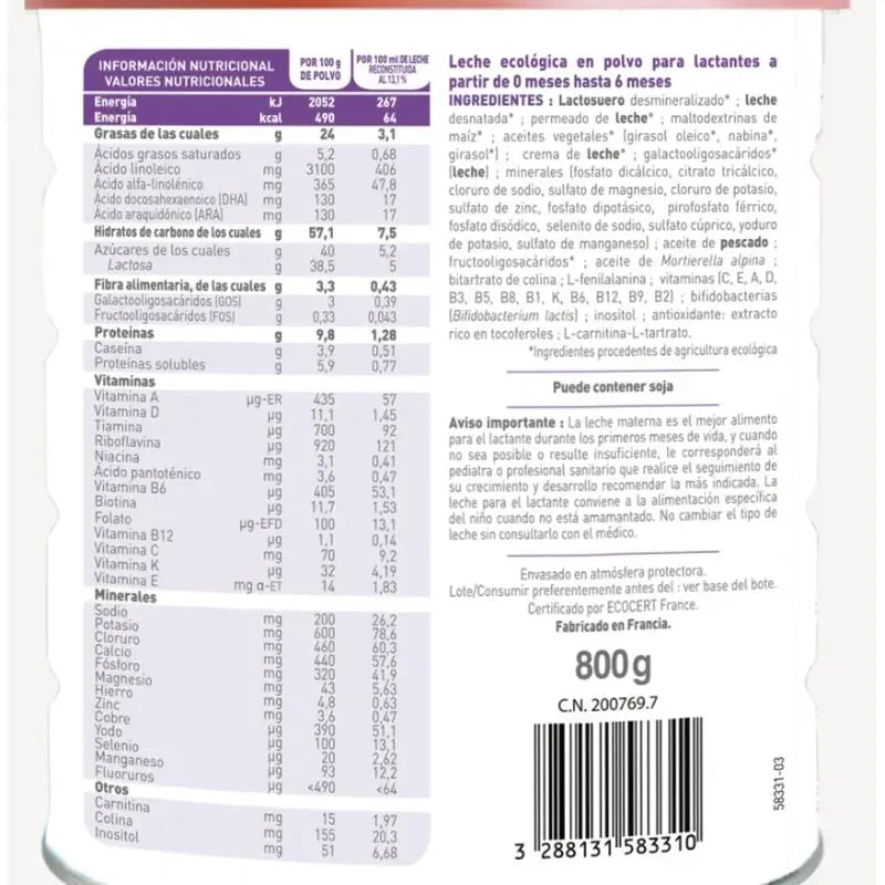 Babybio Optima 1 Cow's Milk 0-6 Months, Pack 8 x 800g