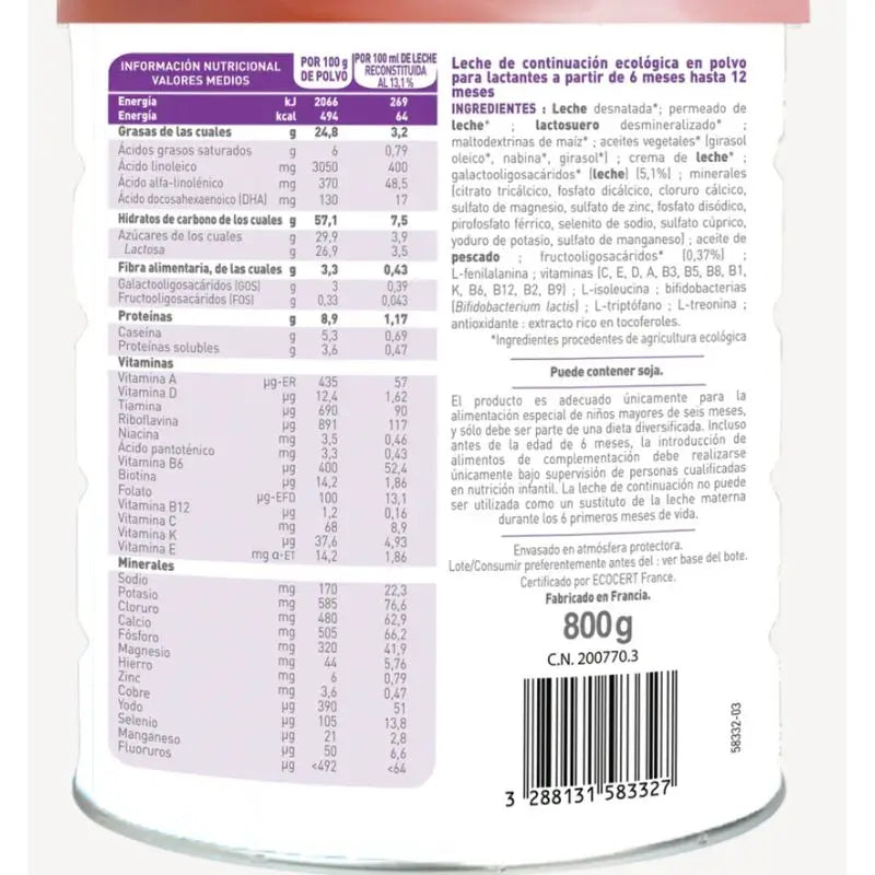 Babybio Optima 2 Cow's Milk 6-12 Months, Pack 4 x 800 grams