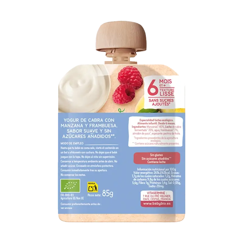 Babybio Pouche Goat Yoghurt, Apple & Raspberry, 85 g