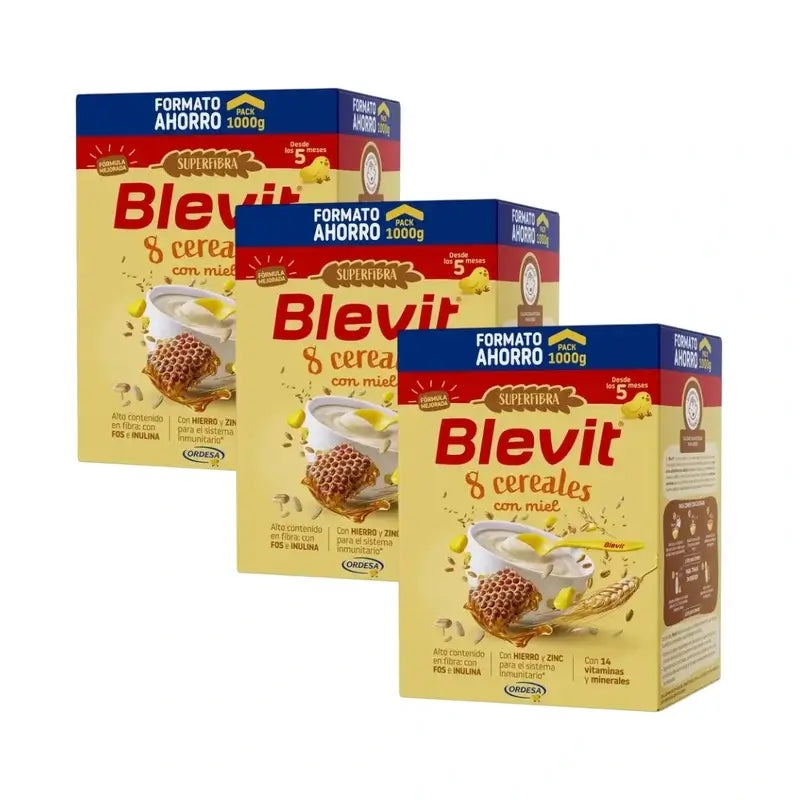 Blevit Baby Food Superfibre 8 Cereals & Honey, 3X1000 Grs