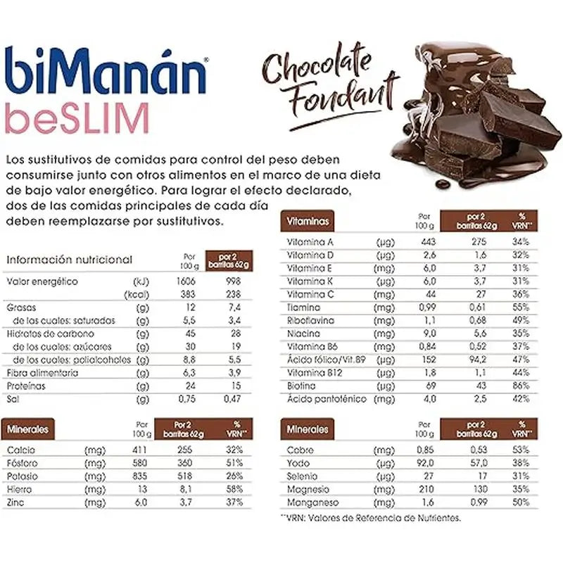 biManán Sustitutive Chocolate Fondant Bars 24 units