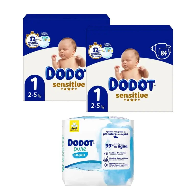 Dodot Sensitive Size 1, 2 x 84 Nappies + Pure Aqua Baby Wipes, 288 pcs.
