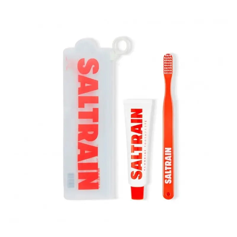 Saltrain Travel Kit Red Fluoride and a Brush