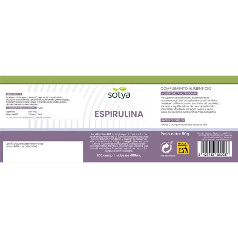 Sotya Spirulina + B12 400 Mg , 200 capsules