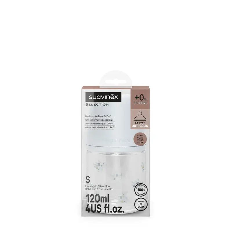 Suavinex Glass Bottle 120 Ml, Slow Flow (S), +0 Months, Blue Poetry