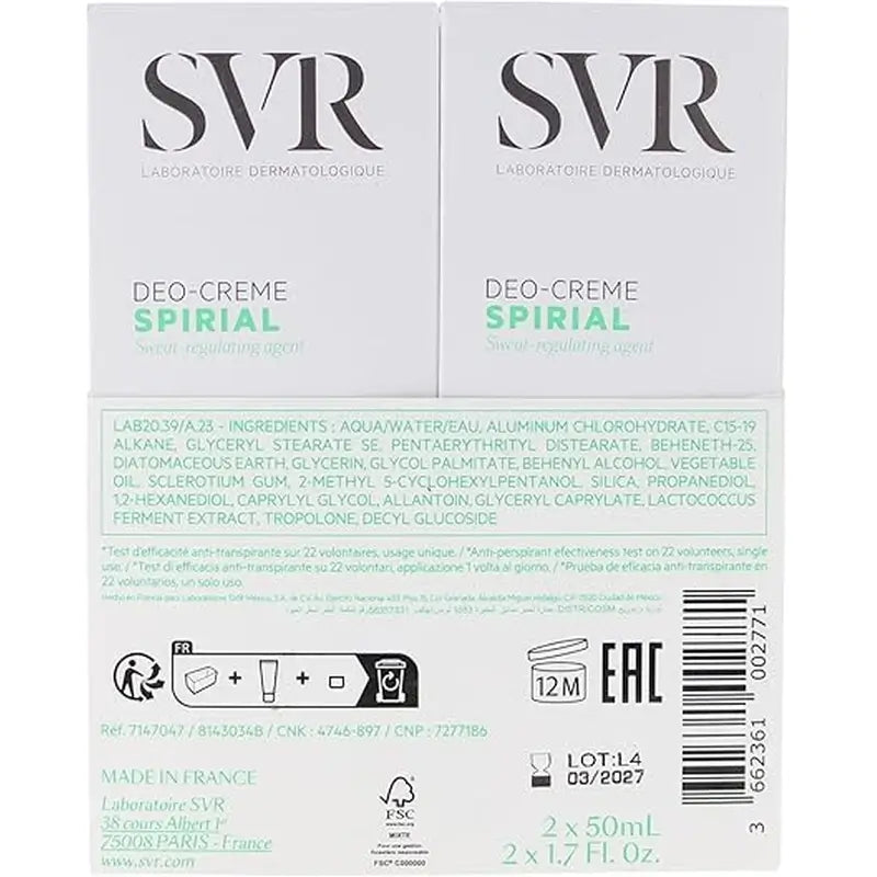SVR Spirial Duo Deo-Cream Anti-Transpirant 48h, 2x50 ml