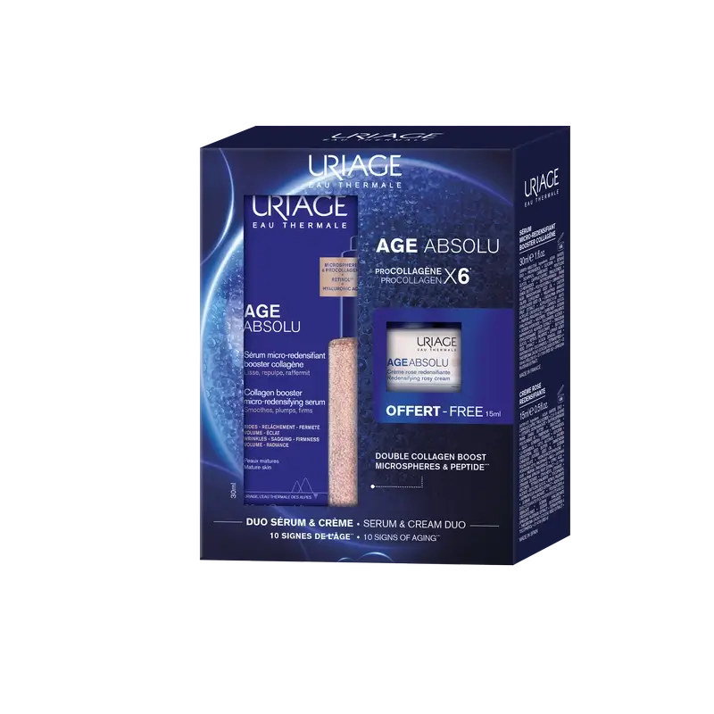 Uriage Age Absolu Collagen Booster Micro-Redensifying Serum With Procollagen Peptides And Retinol, 30 Ml + Gift Age Absolu Rose Cream 15 Ml