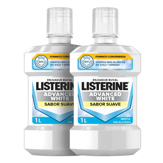 Listerine Mouthwash, Advanced White With Whitener, Mild Mint Flavour, Alcohol Free 2 X 1000ml Pack