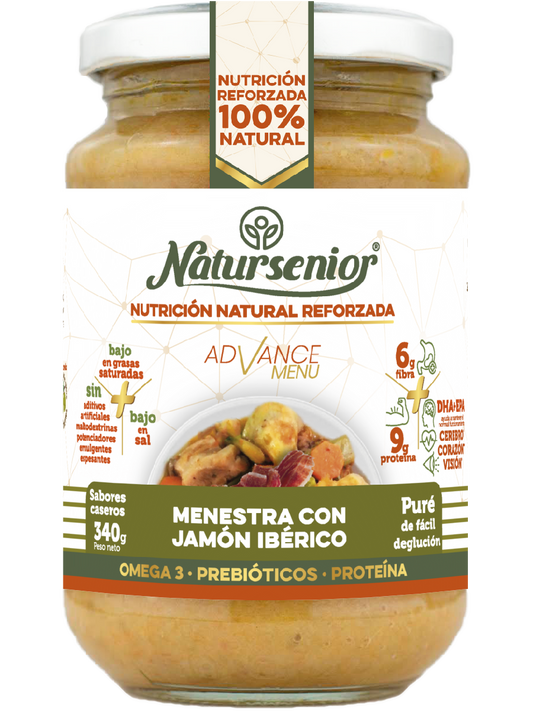 Natursenior Adult Mashed Meal with Iberian Ham with Omega 3 Dha+Epa, Prebiotics and Proteins. , 340 gr