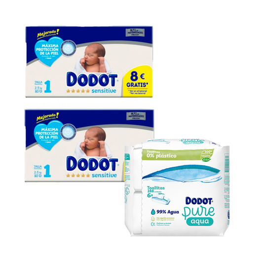 Dodot Sensitive Newborn Box Size 1, 80 pcs + Pure Aqua Baby Wipes 288 pcs.