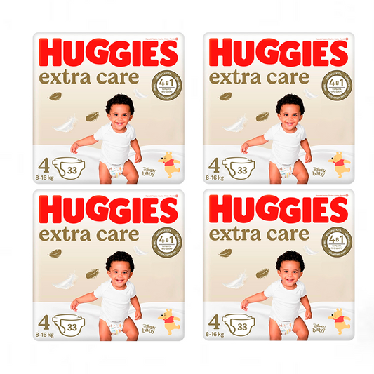 Pack 4 x Huggies Extra Care Newborn Baby Nappy Size 4 (8-14KG), 132 Pcs.