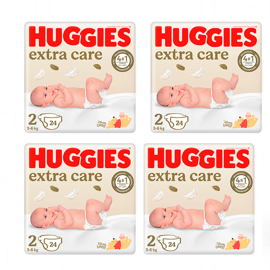 Pack 4 x Huggies Extra Care Newborn Nappy Size 2 (4-6KG), 96 Pcs.