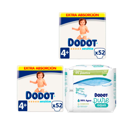 Dodot 2 Pack Sensitive Extra Jumbo Size 4+, 52 pcs + Pure Aqua Baby Wipes 288 pcs.