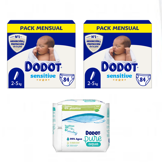 Dodot Sensitive Newborn Box Size 1, 2 x 84 pcs + Pure Aqua Baby Wipes 288 pcs.