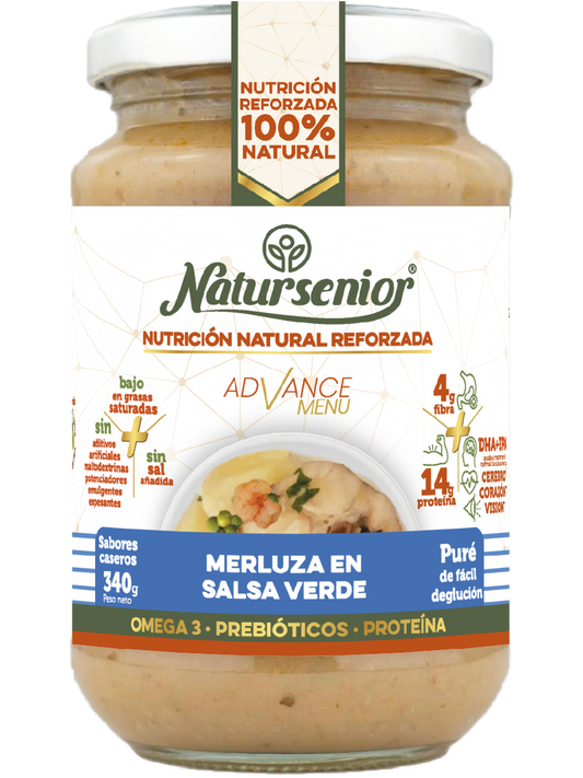 Natursenior Adult Mashed Hake In Green Sauce Reinforced With Omega 3 Dha+Epa, Prebiotics And Proteins. , 340 gr