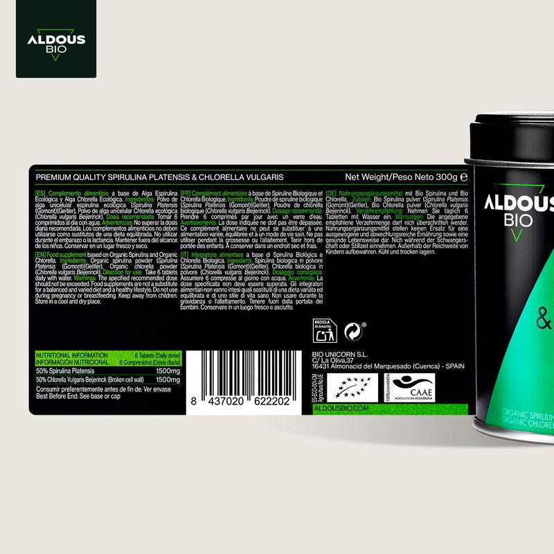 Aldous Chlorella and Spirulina Organic Premium, 600 units