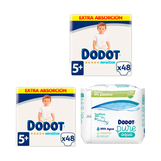 Dodot 2 Pack Sensitive Extra Jumbo Size 5+, 48 pcs + Pure Aqua Baby Wipes 288 pcs.