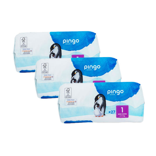 Pack 3 X Pingo Organic Nappies, Size 1 New Born (27 pieces)