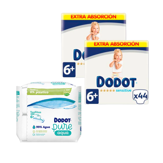 Dodot 2 Pack Sensitive Extra Jumbo Size 6+, 44 pcs + Pure Aqua Baby Wipes 288 pcs.