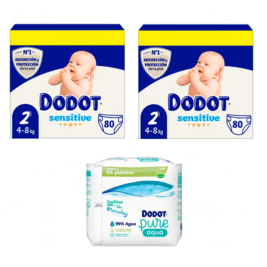 Dodot Sensitive Newborn Box Size 2, 2 x 80 pcs. + Pure Aqua Baby Wipes 288 pcs.
