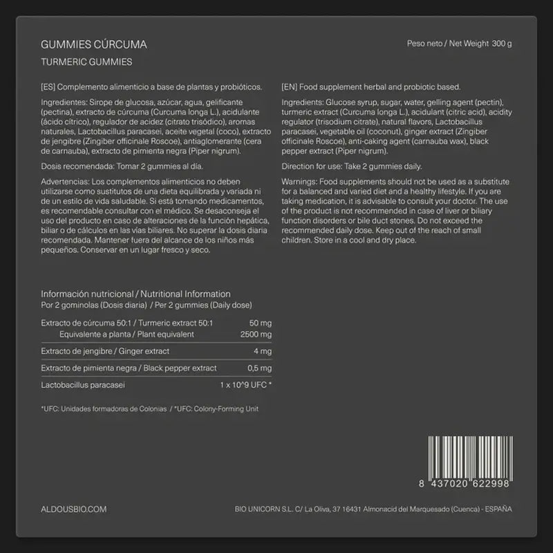 Aldous Bio Turmeric With Ginger & Black Pepper + Probiotics, 120 gummies