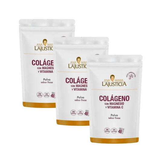 Ana Maria Lajusticia Collagen With Magnesium + Vit.C Strawberry Flavour Powder Doypack , 3x350 grams