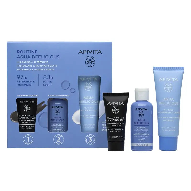 Apivita Aqua Beelicious Cream, 40 Ml + Oil Free Black Detox Moisturising Gel, 15Ml + Perfecting Toner, 50Ml