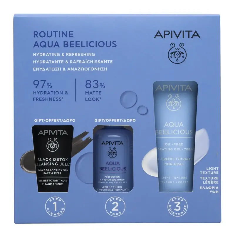 Apivita Aqua Beelicious Cream, 40 Ml + Oil Free Black Detox Moisturising Gel, 15Ml + Perfecting Toner, 50Ml