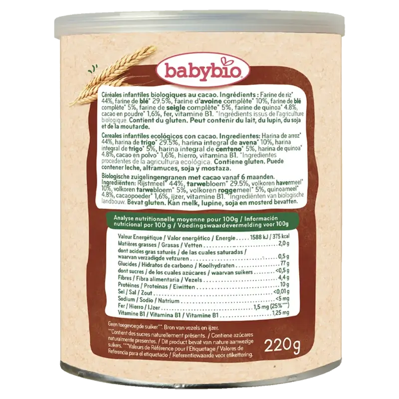 Babybio 5 Cereals with Cocoa, Pack 3 x 220 grams