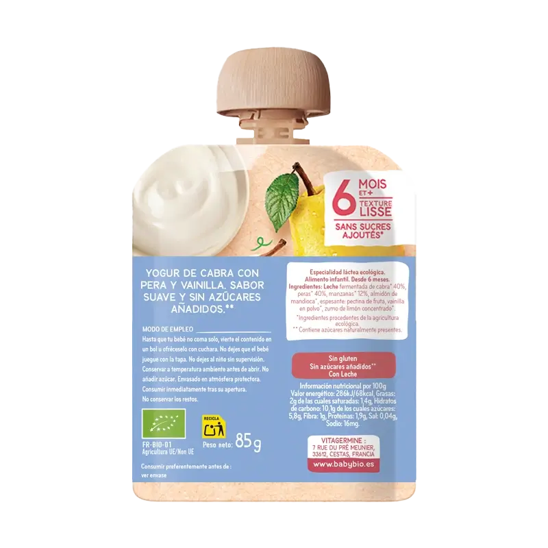 Babybio Pouche Cabram Pear & Vanilla Yoghurt, 85 g