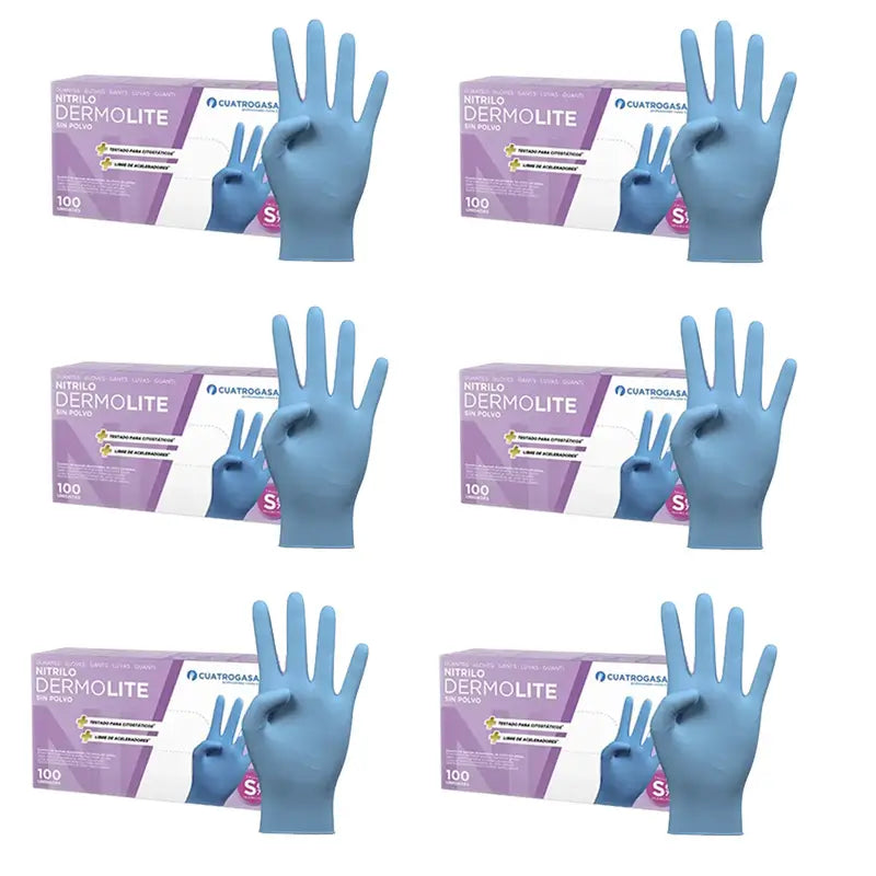 Cuatrogasa Dermolite Powder Free Nitrile Gloves Blue Size S, 6X100 Units