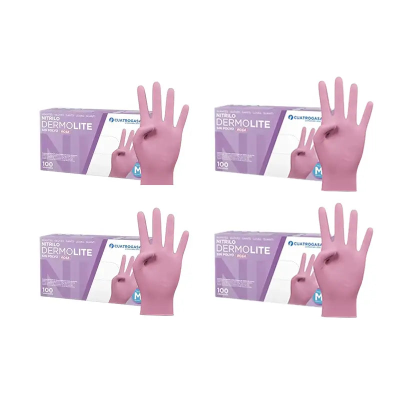 Cuatrogasa Dermolite Powder Free Nitrile Gloves Pink Size M, 4X100 Units