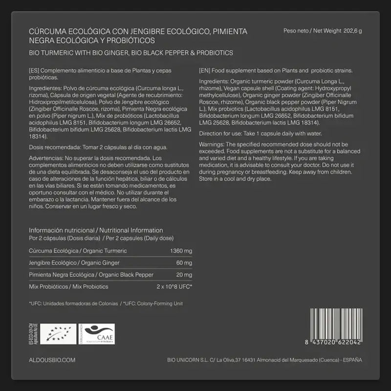 Aldous Bio Turmeric with Ginger and Black Pepper with Probiotics, 250 capsules