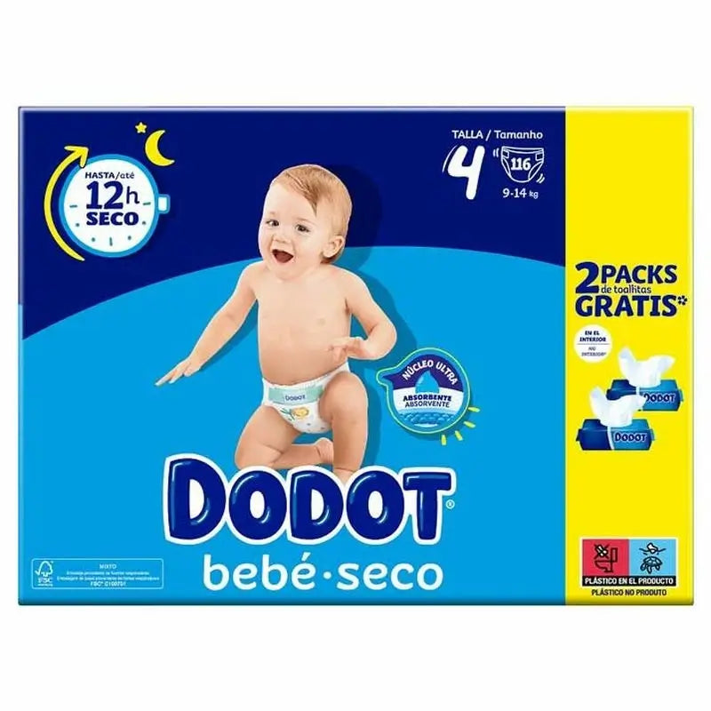 Dodot Baby Dry Size 4 Nappies + Wipes (9-14 Kg), 116 Units