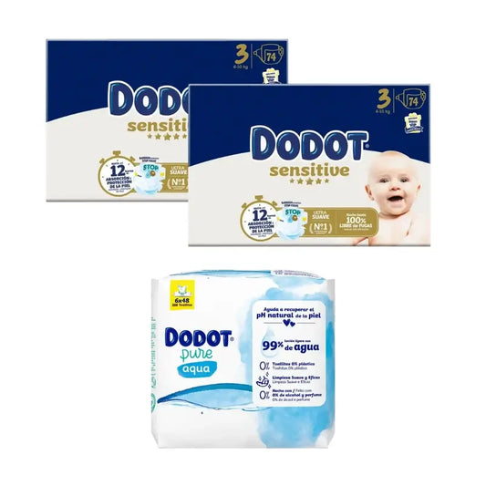 Dodot Sensitive Size 3, 74 Nappies + Pure Aqua Baby Wipes, 288 Pcs.