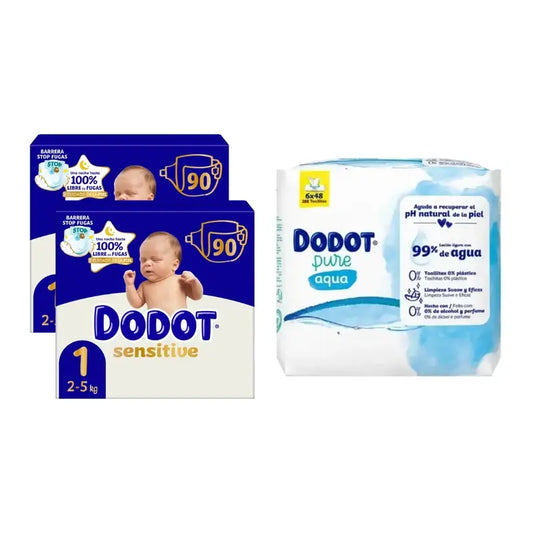 Dodot Sensitive Nappy Sensitive Jumbo Pack Size 1, 2x90 Units + Aqua Plastic Free Wipes Box 6X48 (288 Units)