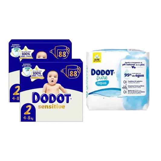Dodot Sensitive Jumbo Sensitive Nappy Pack Size 2 , 2x88 Units + Aqua Plastic Free Wipes Box 6X48 (288 Units)