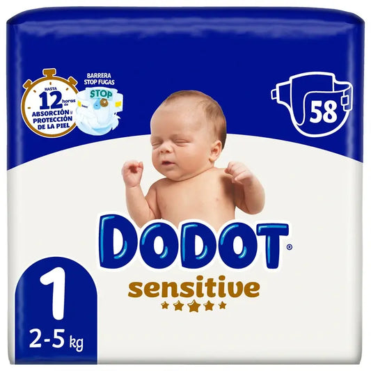 Dodot Sensitive Size 1 (2-5 Kg), 58 Nappies