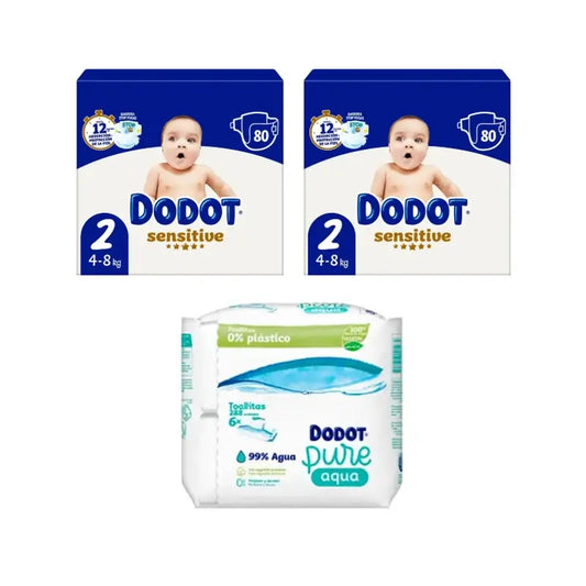 Dodot Sensitive Size 2, 2 x 80 Nappies + Pure Aqua Baby Wipes, 288 pcs.