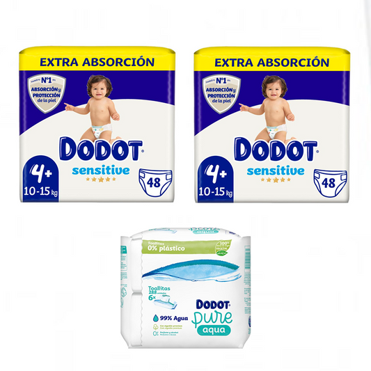 Dodot Sensitive Extra-Jumbo Pack Size 4, 2 x 48 pcs + Pure Aqua Baby Wipes 288 pcs.
