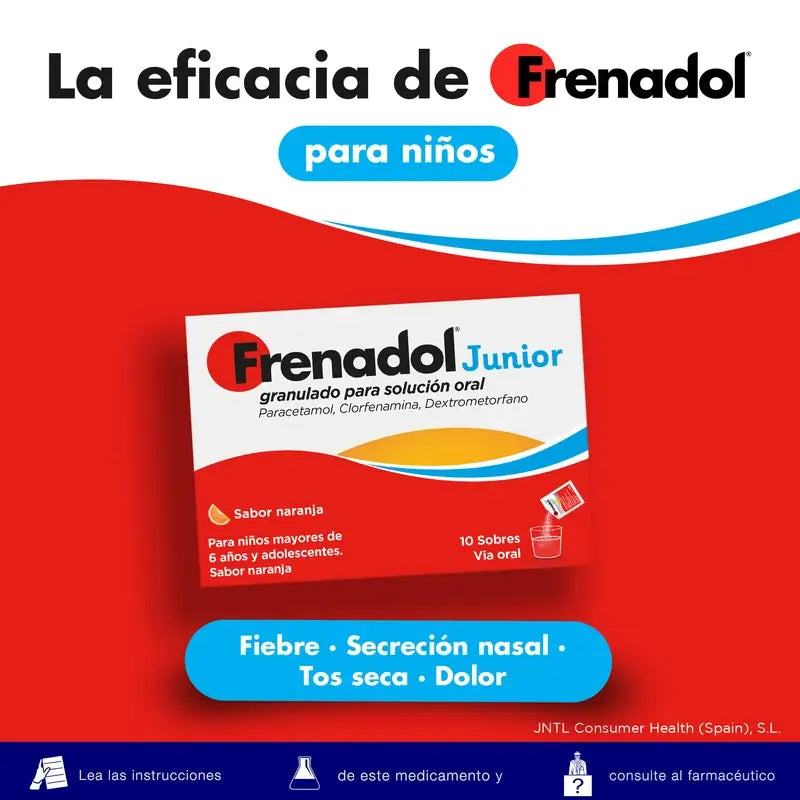 Frenadol Junior Flu Relief, Symptomatic Relief of Colds and Flus, Children, Orange Flavour, Oral Use, 10 Sachets