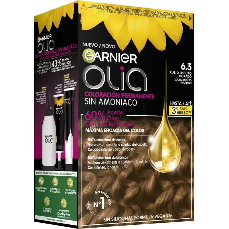 Garnier Olia Permanent Colouring Ammonia Free, Pleasant Smelling With Natural Floral Oils - Golden Dark Blonde 6.3
