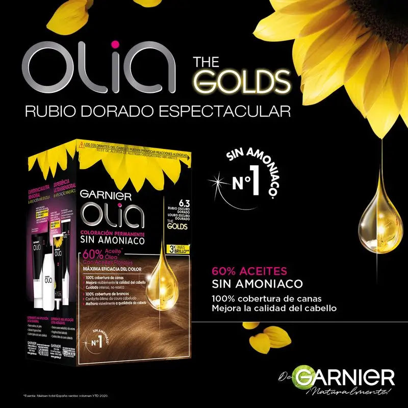 Garnier Olia Permanent Colouring Ammonia Free, Pleasant Smelling With Natural Floral Oils - Golden Dark Blonde 6.3