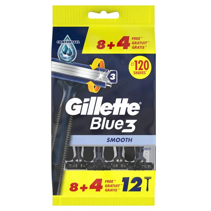 Gillette Blue3 Smooth 8+4 Men's Disposable Razors 40° Pivoting Head & Lubricating Strip , 12 pcs.