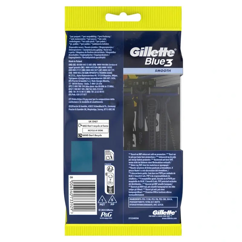 Gillette Blue3 Smooth 8+4 Men's Disposable Razors 40° Pivoting Head & Lubricating Strip , 12 pcs.