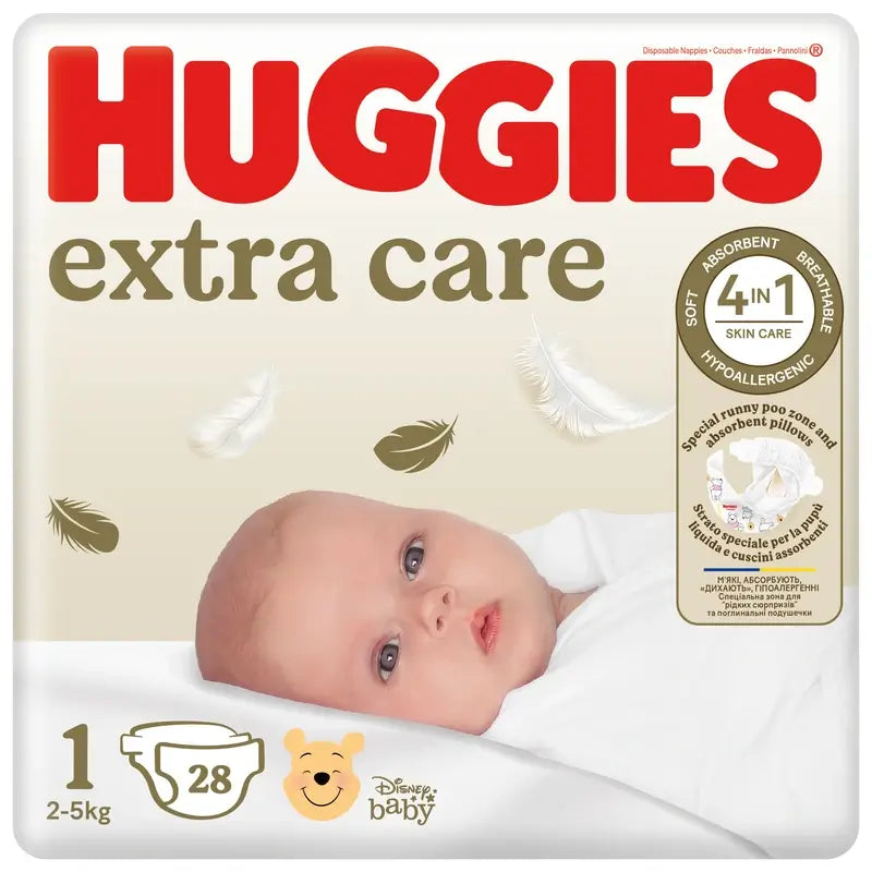 Huggies Extra Care Nappy Size 1 (3-5Kg) , 28 pcs.